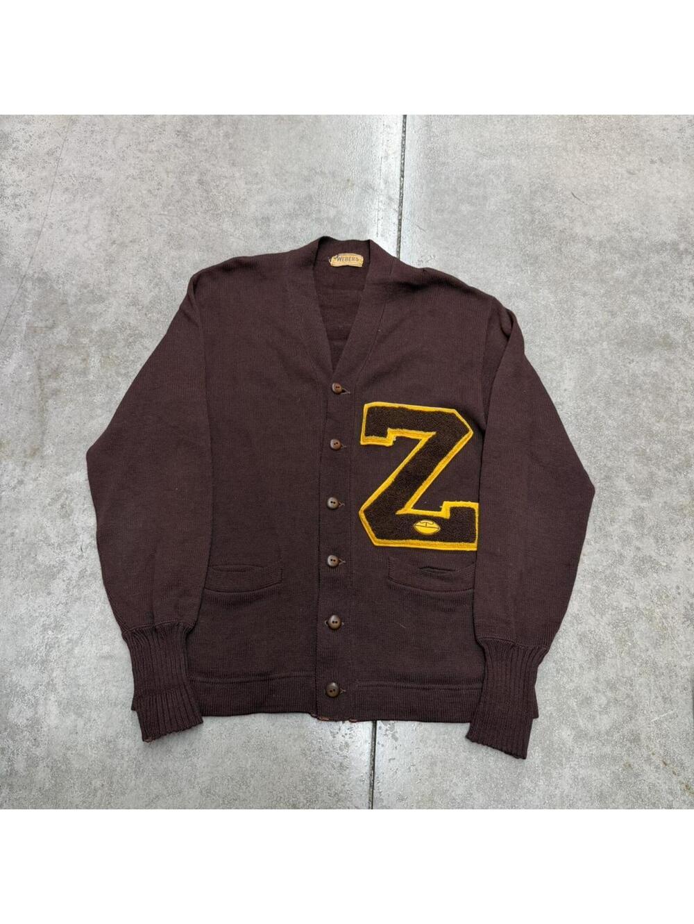 vintage webers wool brown collegiate cardigan knit sweater size large